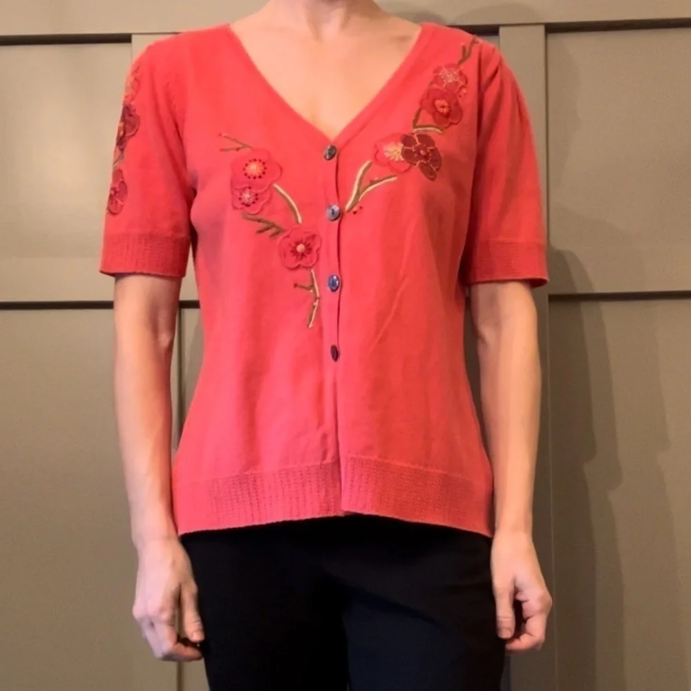 Icelandic Design Embroidered Knit Button Front Cardigan Sweater Short Sleeve Med